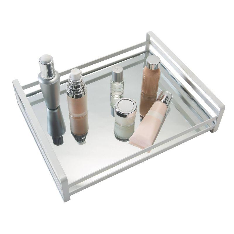 Large Silver Vanity Tray with Mirrored Base and Wired Rails