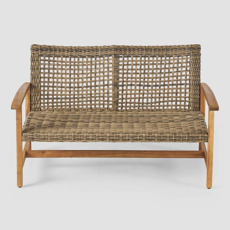 GDFStudio Jean Outdoor Acacia Wood and Wicker Loveseat, Brown