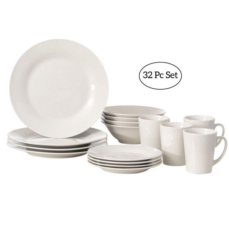 Dinewares 32 PC Spin Wash Dinnerware Dish Set for 8 Person | Mugs, Salad and Dinner Plates and Bowls Sets, Dishwasher and Microwave Safe, White