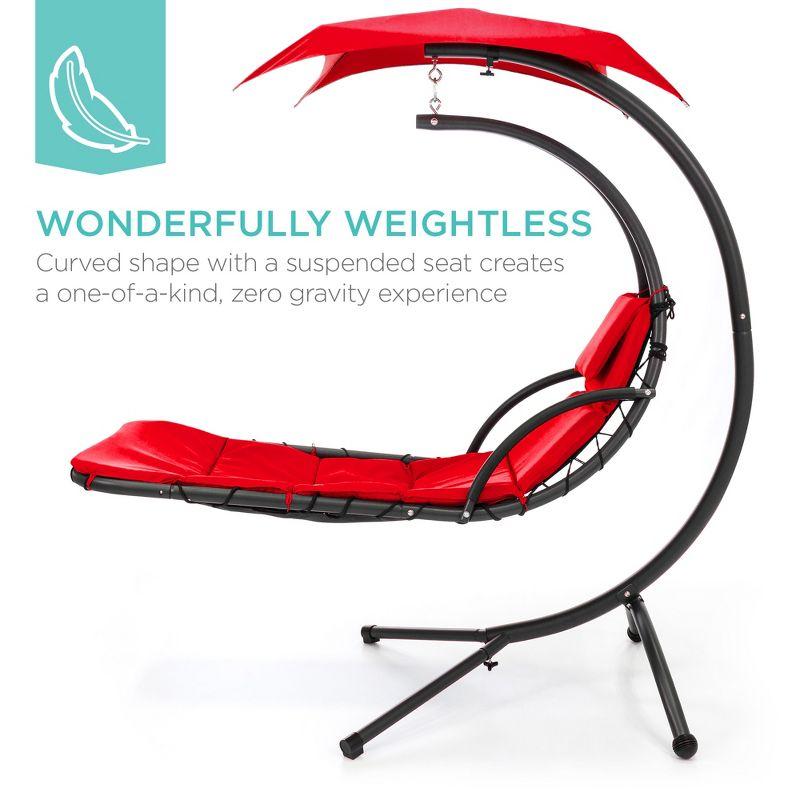 Best Choice Products Hanging Curved Chaise Lounge Chair Swing for Backyard, Patio w/ Pillow, Shade, Stand - Red