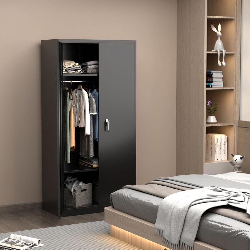 AOBABO Large Metal Wardrobe Style Storage Cabinet with 3 Adjustable Shelves, Cloth Rail, and Lockable Doors for Home Organization