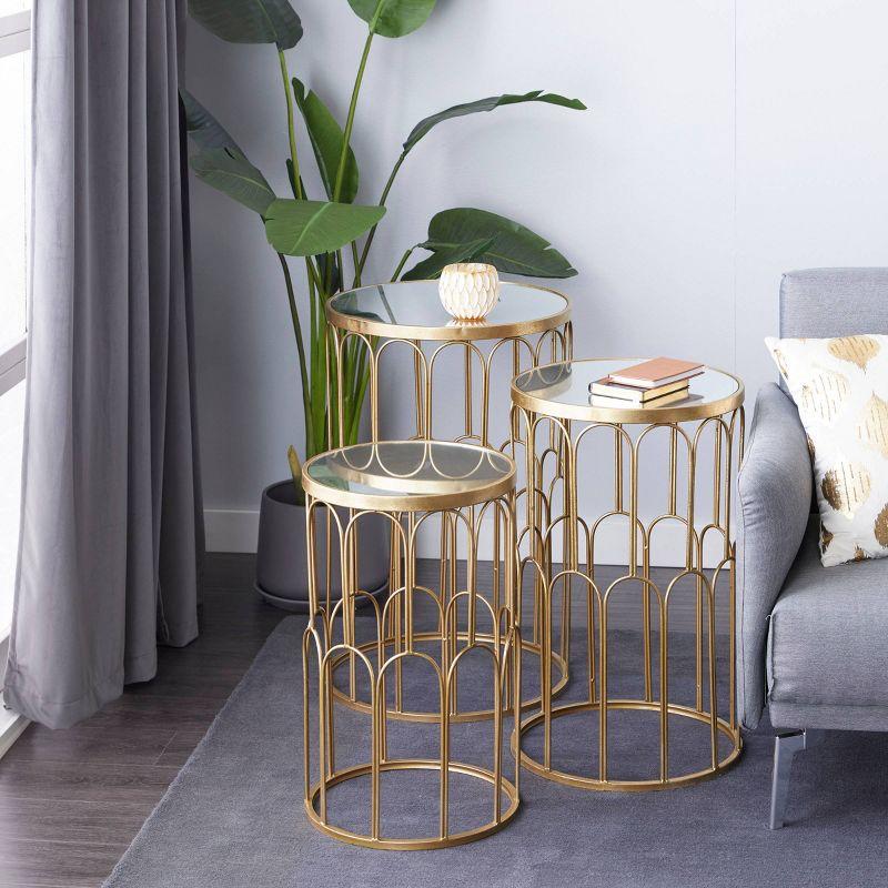 Gold Metal Round Accent Tables with Mirrored Tops, Set of 3