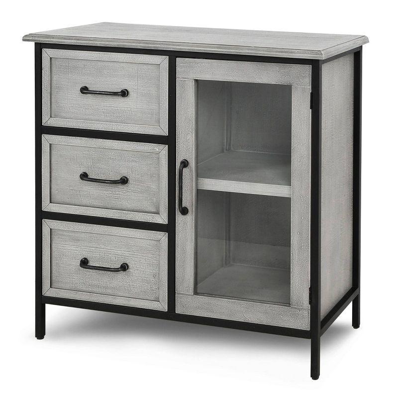 Gray and Black Wood and Metal Cabinet with One Door and Three Drawers