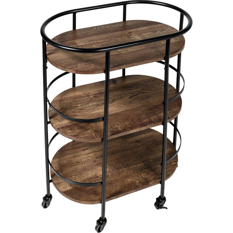 Honey-Can-Do 3 Tier Oval Bar Cart Walnut: Indoor Serving Drink Cart with Steel Frame, Fixed Shelves, 34.8" Height