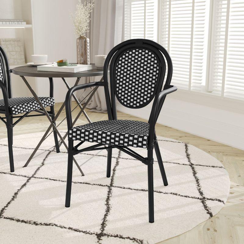 Emma & Oliver Soie Set of 2 Indoor/Outdoor Stacking Thonet Bistro Style Chairs w/ Arms, Navy & White PE Rattan Seat & Nat Bamboo Finished Metal Frame