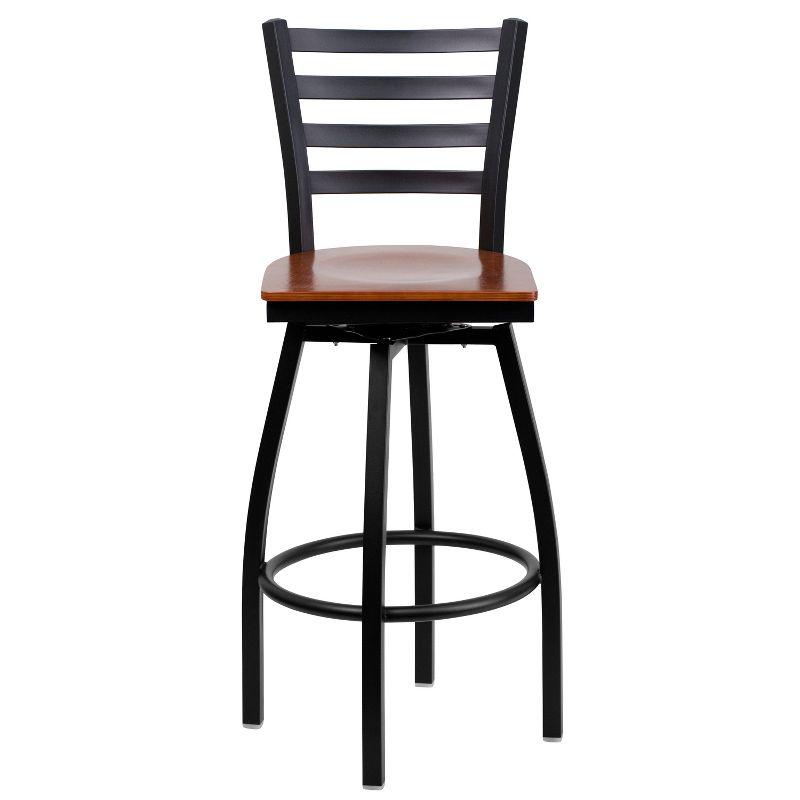 Cherry Wood and Black Metal Swivel Barstool with Ladder Back