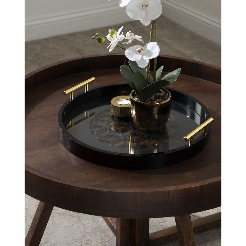 Caspen Round Black Glass Decorative Tray with Gold Handles