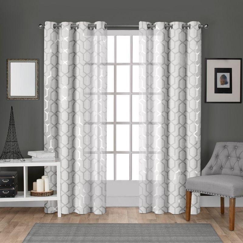Set of 2 108"x54" Panza Sheer Linen Printed Metallic Geometric Grommet Top Window Curtain Panel White Silver Print - Exclusive Home