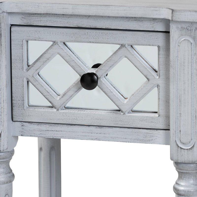 Baxton Studio Gellert Wood 1 Drawer End Table Gray/Mirror: Fir & MDF with Storage, Glass Accent