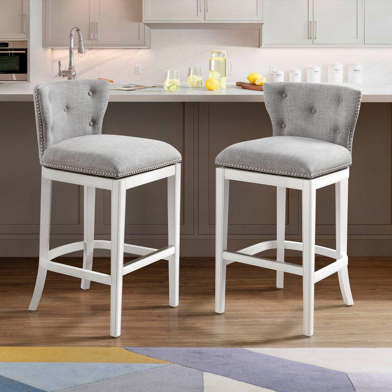 Alaterre Furniture Set of 2 Miranda Swivel Bar Height Stools White: Rubberwood Frame, Polyester Upholstery, Fixed Seat Height 30.75"