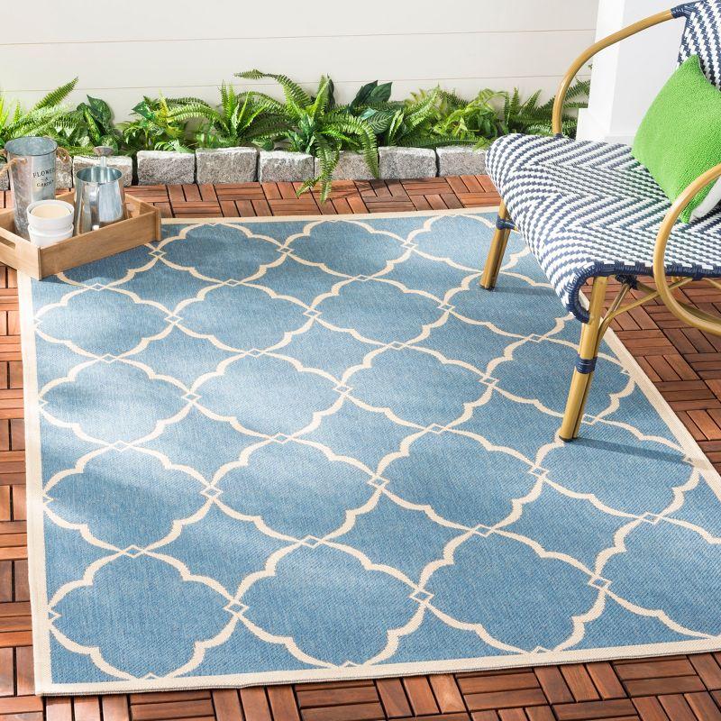 Blue and Cream Geometric Square Indoor/Outdoor Rug