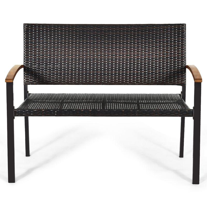 Weather-Resistant Rattan Wicker Loveseat with Steel Frame and Acacia Armrests