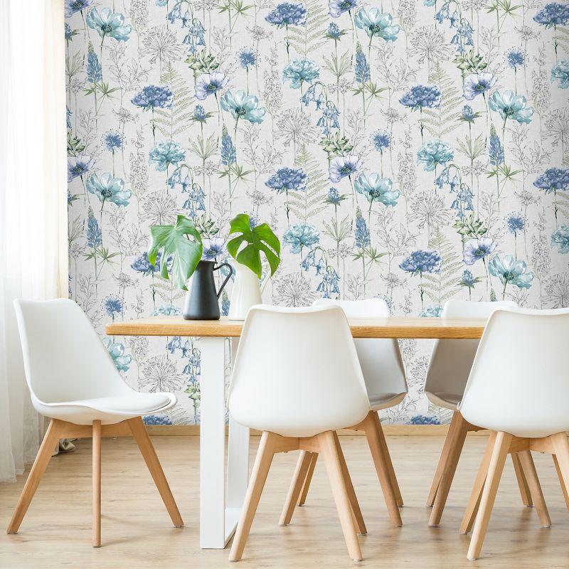 Blue and Green Floral Sketch Removable Wallpaper