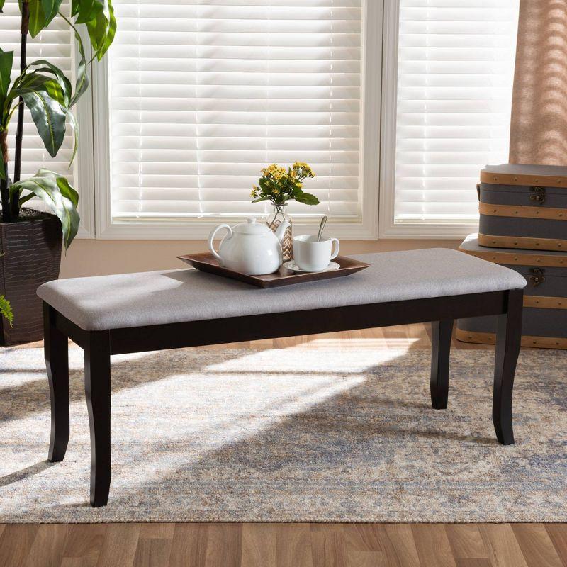 Cornelie Dark Brown Wood and Grey Fabric Upholstered Dining Bench