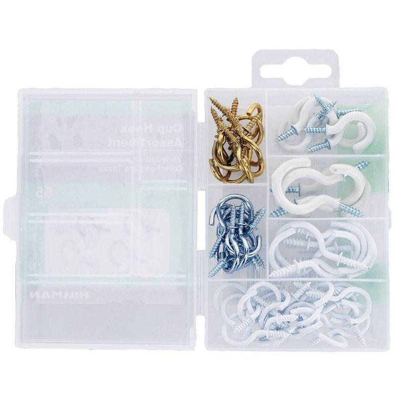 Hillman 55pk Cup Hook Assortment Kit: Steel Screw Hooks for Ceiling & Picture Hanging, Multicolored, 0.5" Length
