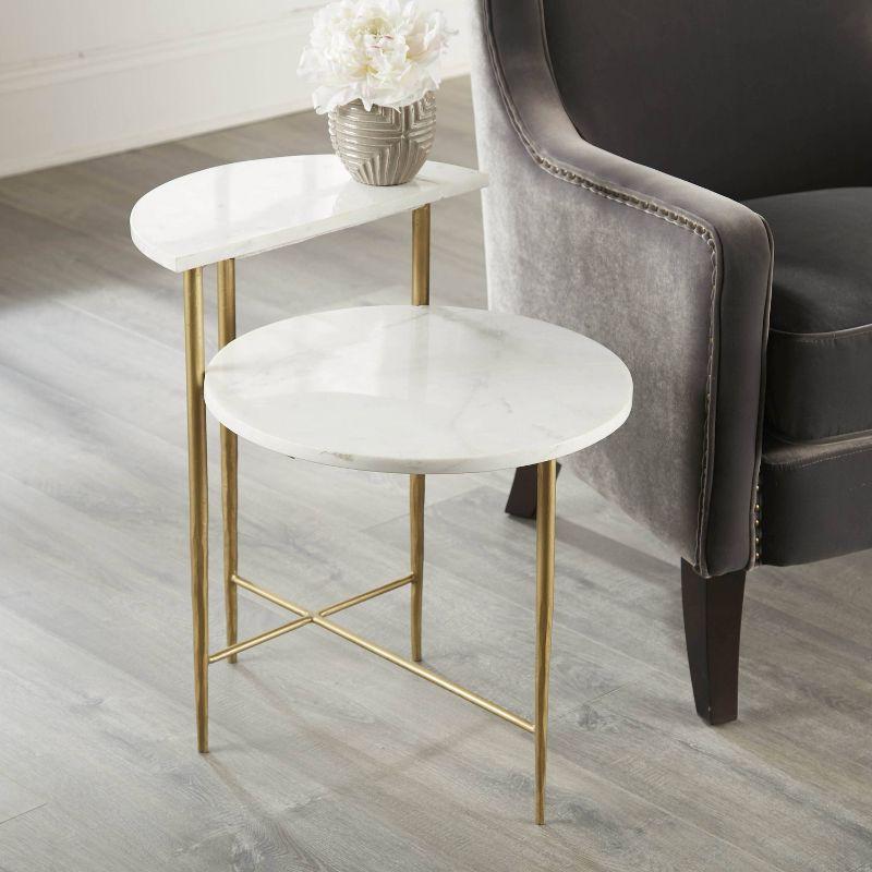 Patna White Marble Top Round Accent Table with Brass Base and Storage