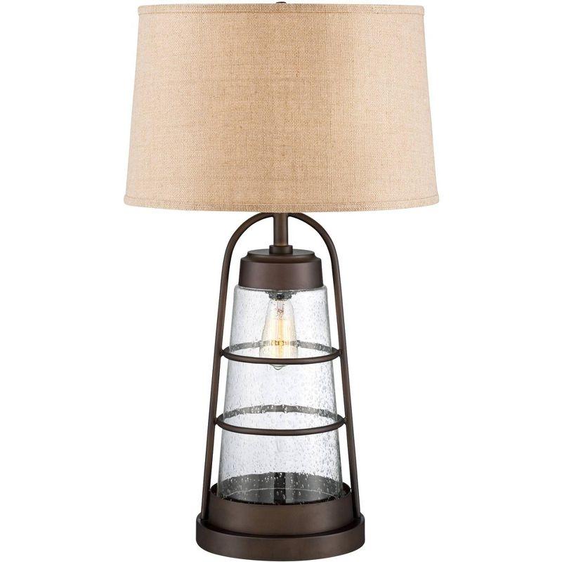 Franklin Iron Works Rustic Farmhouse Table Lamp 31" Tall with Nightlight Bronze Clear Seeded Glass Burlap Shade for Bedroom Living Room House Bedside