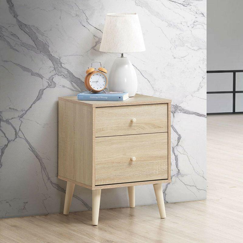 Costway Nightstand 2-Drawer Beside End Side Table w/Rubber Legs Oak Finish