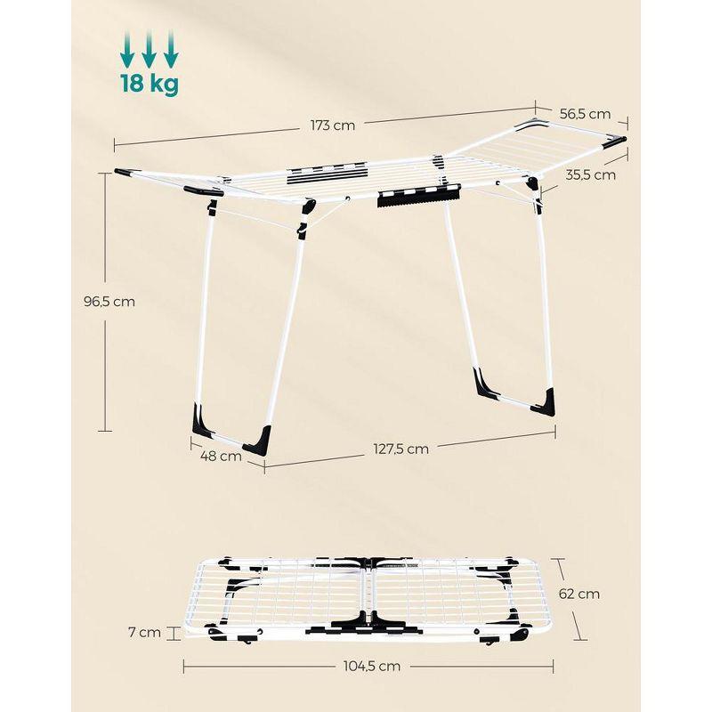SONGMICS Clothes Drying Rack Foldable Gullwing Laundry Drying Rack, Space-Saving, 22.2 x 68.1 x 38 Inches Sock Clips Metal Structurefor Clothes White