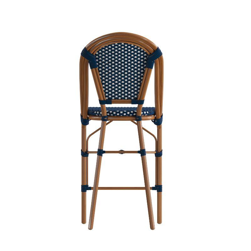 Emma & Oliver Soie Set of Two Stacking Bistro Chairs with Navy and White PE Seat and Back and Bamboo Finished Aluminum Frame for Indoor/Outdoor Use