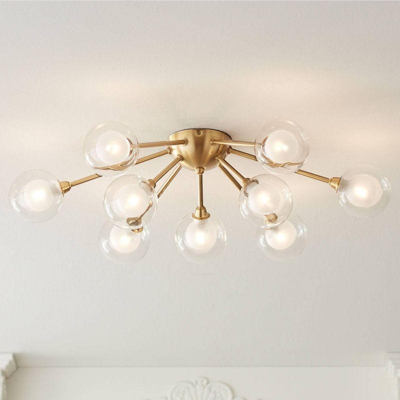 Possini Euro Design Spheres Modern Ceiling Light Flush Mount Fixture 28" Wide Warm Brass 9-Light LED Clear Globe Glass for Bedroom Kitchen Living Room