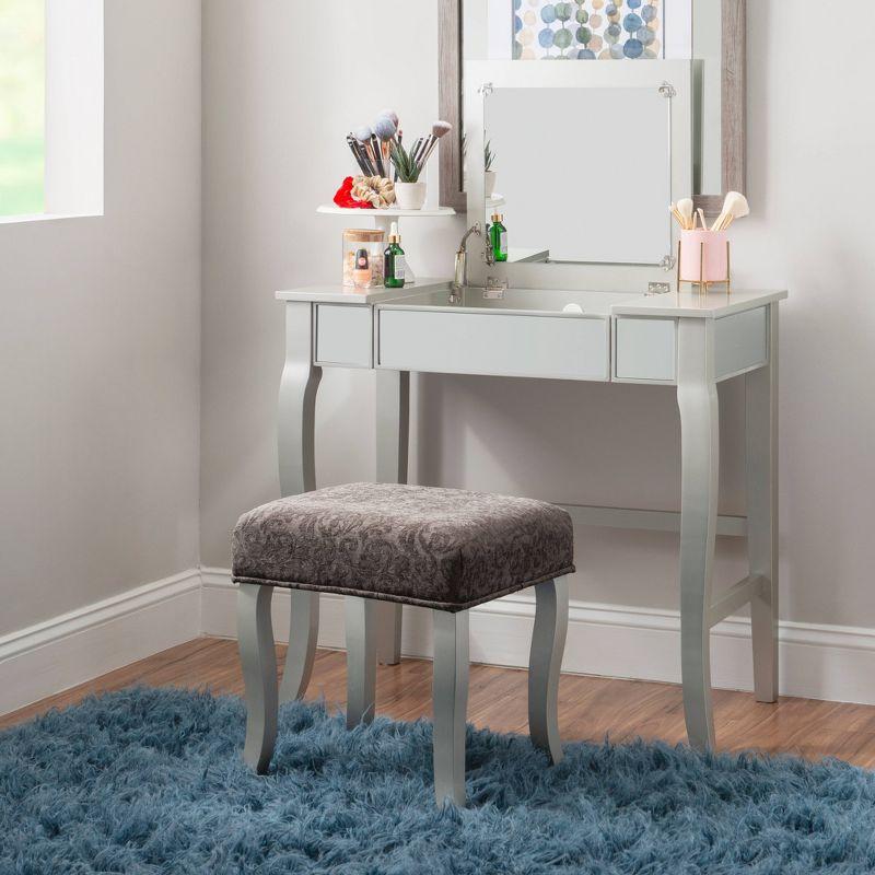 Harper Glam Silver Vanity Set with Flip-up Mirror and Gray Velvet Stool