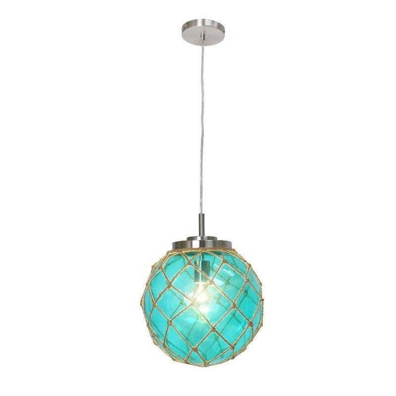 Buoy Netted Coastal Ocean Sea Glass Pendant with Natural Rope Aqua - Elegant Designs: Brushed Nickel Canopy, UL Listed