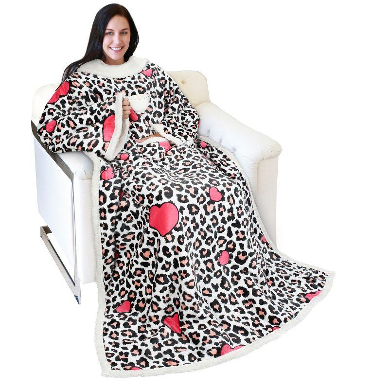 Catalonia Leopard and Heart Sherpa Fleece Wearable Blanket