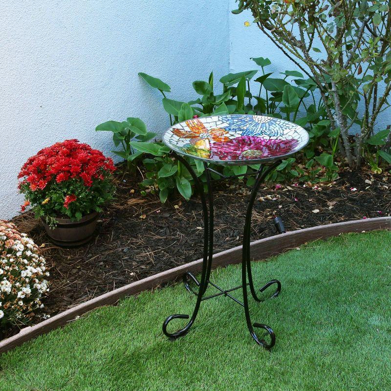 23" Outdoor Floral Glass Birdbath Bowl with Metal Stand - Alpine Corporation