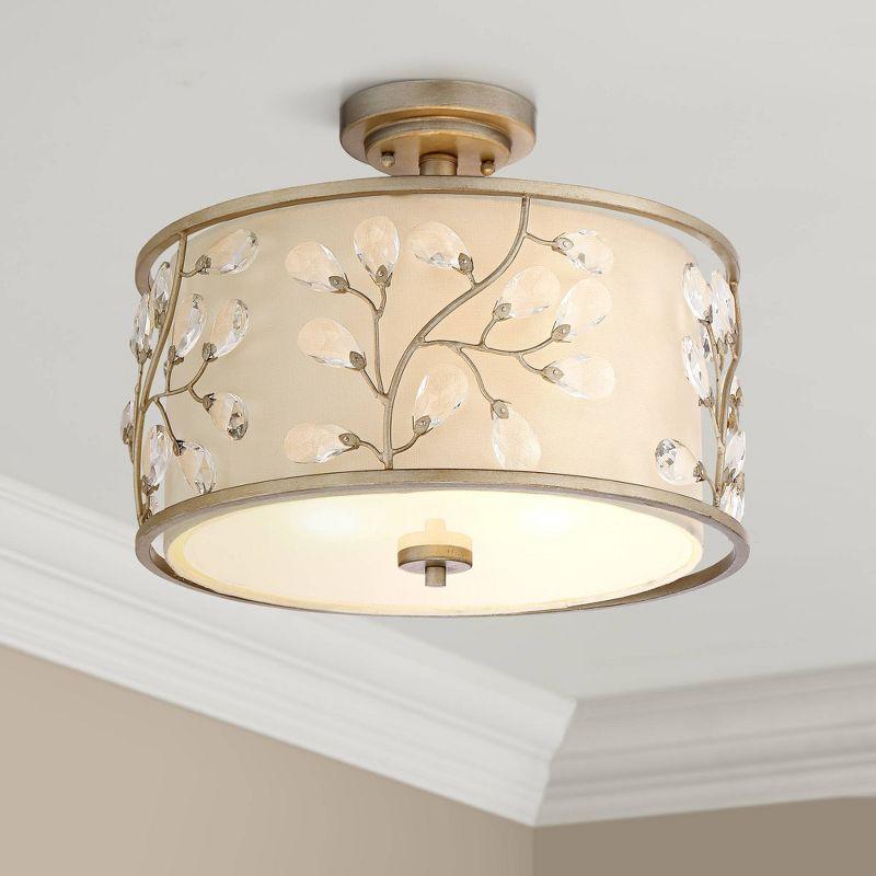 Barnes and Ivy Crystal Buds Vintage Ceiling Light Semi Flush Mount Fixture 16" Wide Antique Silver 3-Light Beige Fabric Drum Shade for Bedroom Kitchen