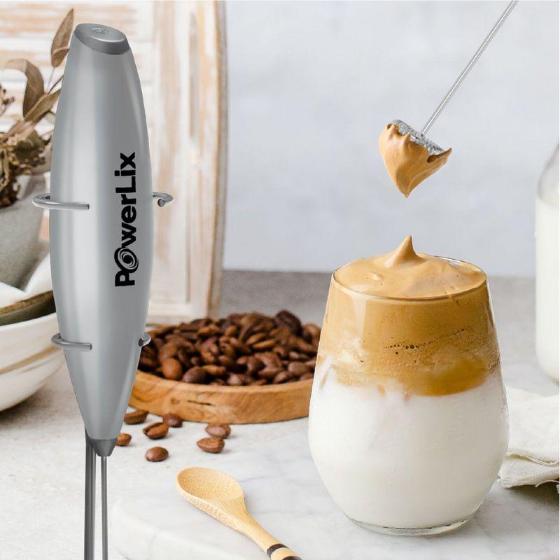 PowerLix Milk Frother Handheld Battery Operated Electric Whisk Foam Maker For Coffee With Stainless Steel Stand Included  - Titanium Silver