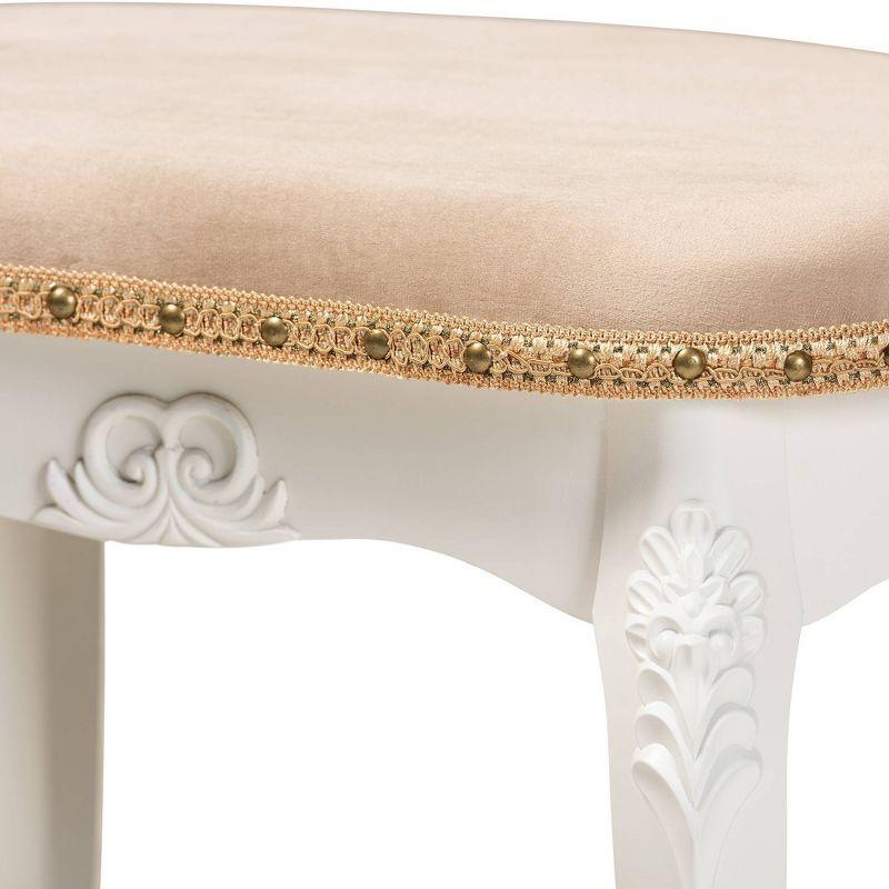 Gabrielle Velvet Fabric Upholstered Wood Vanity Ottoman Sand/White/Gold - Baxton Studio: French-Inspired, Brass Nailhead Detail, Cabriole Legs