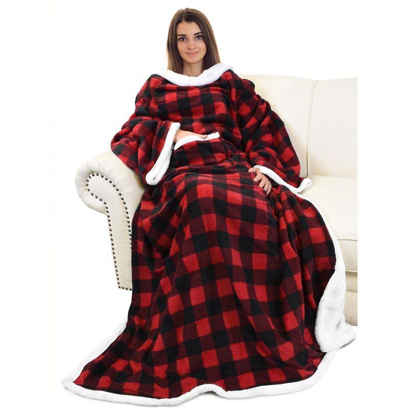 Red Check Sherpa Fleece Wearable Blanket with Sleeves