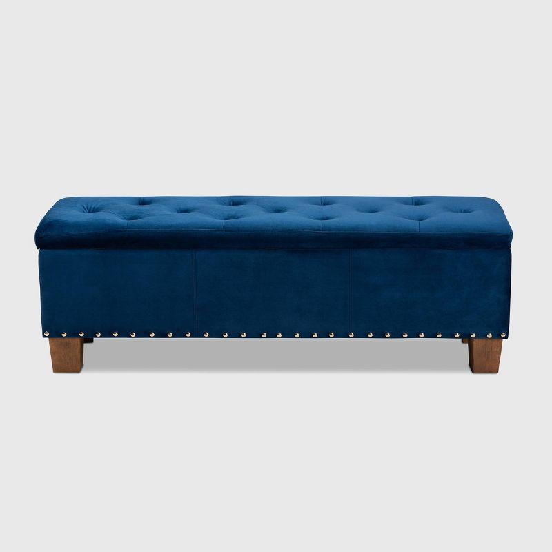 Elegant Navy Blue Velvet Tufted Storage Ottoman Bench with Silver Accents