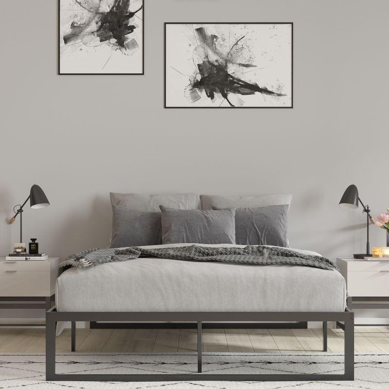 Merrick Lane Queen Size 14 Inch Black Steel Bed Frame With Steel Slat Support For Any Mattress (No Box Spring Required)