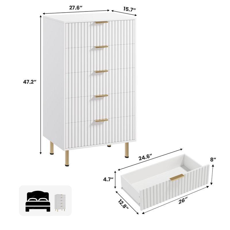Garvee Fluted 5 Drawer Dresser for Bedroom, 48" Tall Modern Chest of Drawers, Wooden Dresser Organizer for Living Room, Hallway, Kids Room, White