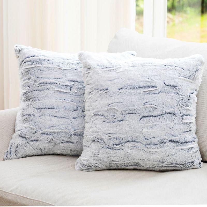 Blue and White Faux Fur Square Throw Pillows Set