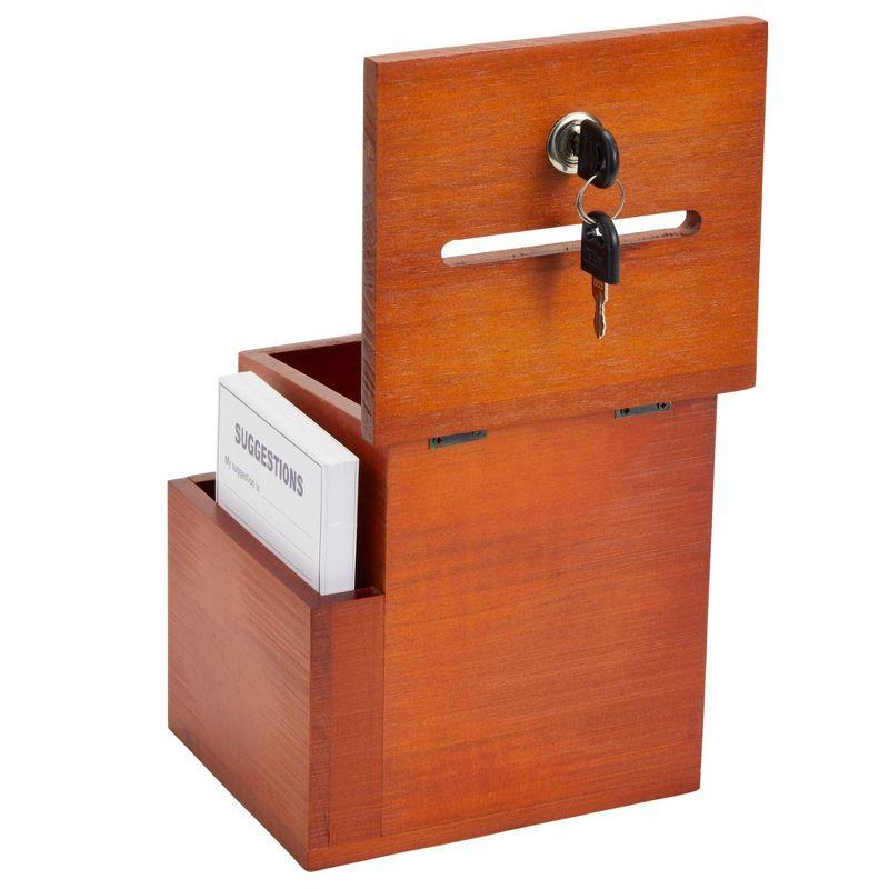 Juvale Wooden Suggestion Box with Lock and Keys, Brown Ballot Box with 50 Blank Suggestion Cards, Locking Lid and Side Slot for Donation, 7.5x7.1x5.5"