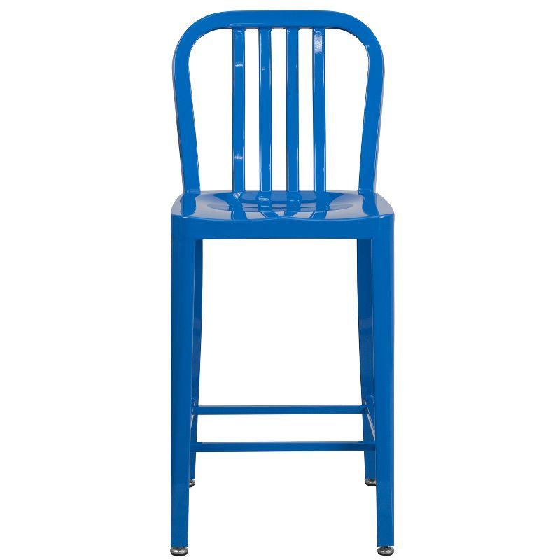 Merrick Lane Santorini 24 Inch Blue Galvanized Steel Indoor/Outdoor Counter Bar Stool With Slatted Back And Powder Coated Finish