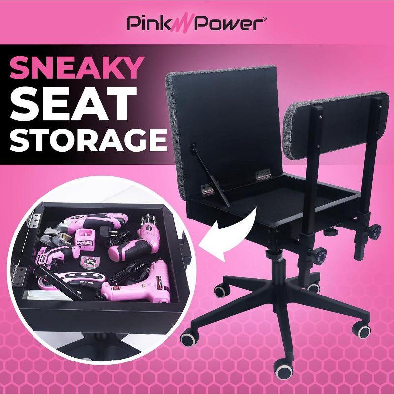 Pink Power Hydraulic Sewing Chair with Wheels and Adjustable Back Support - Armless Chair for Sewing, Crafting