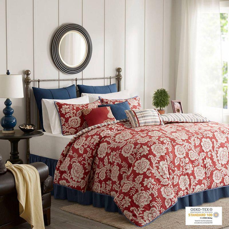 Red Floral Cotton Queen Duvet Cover Set with Shams