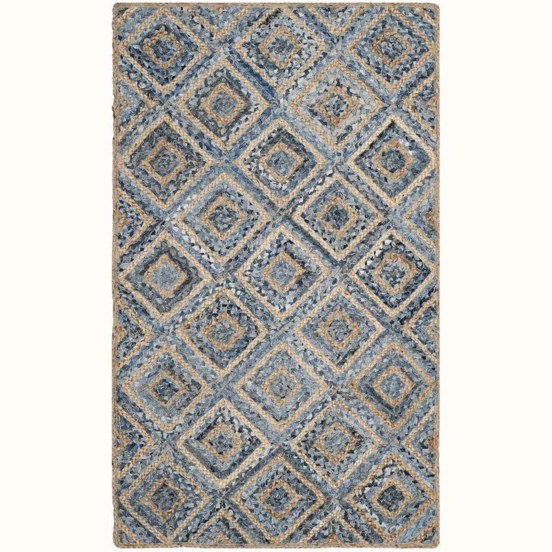 Natural and Blue Geometric Handmade Jute Area Rug