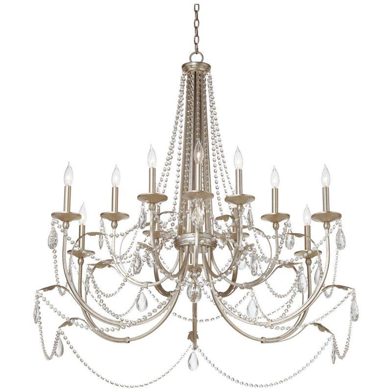 Regency Hill Strand Silver Leaf Chandelier 46" Wide French Beaded Crystal 12-Light Fixture for Dining Room House Foyer Kitchen Island Entryway Bedroom