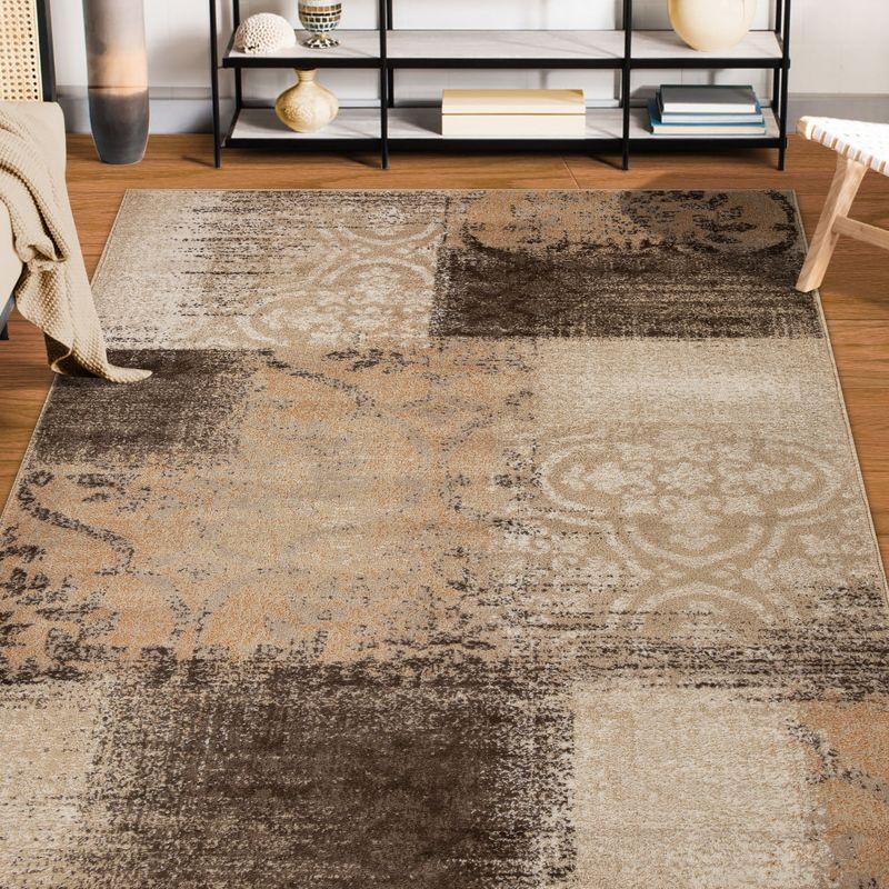 Distressed Abstract Damask Indoor Area Rug, 4'x6', Beige-Camel - Blue Nile Mills