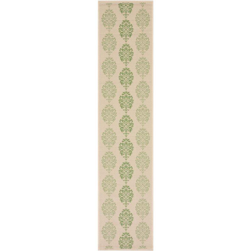 Natural Olive Damask Low Pile Outdoor Runner Rug