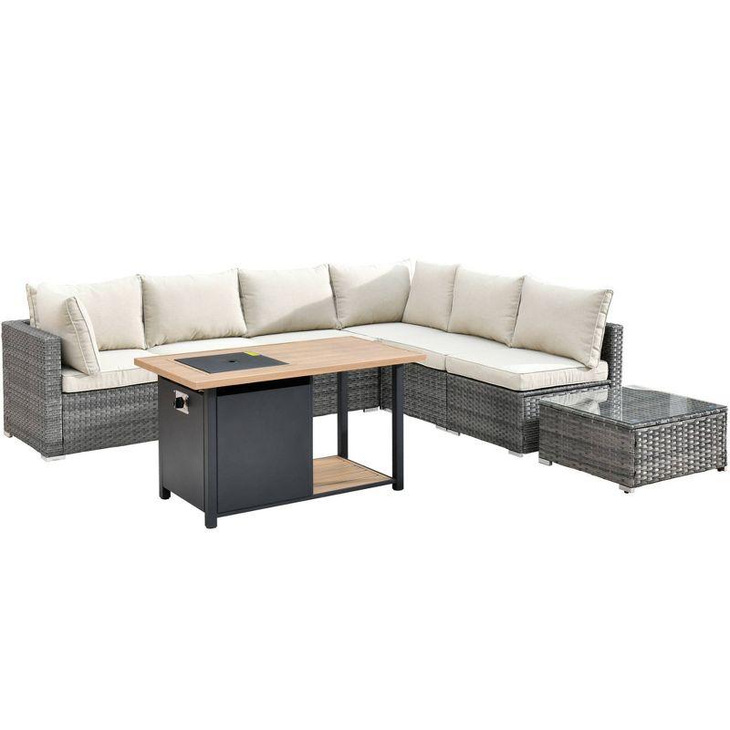 Ovios Venice 8pc Wicker Outdoor Patio Furniture Set Conversation Sofa with a Storage Fire Pit and Navy Blue Cushions