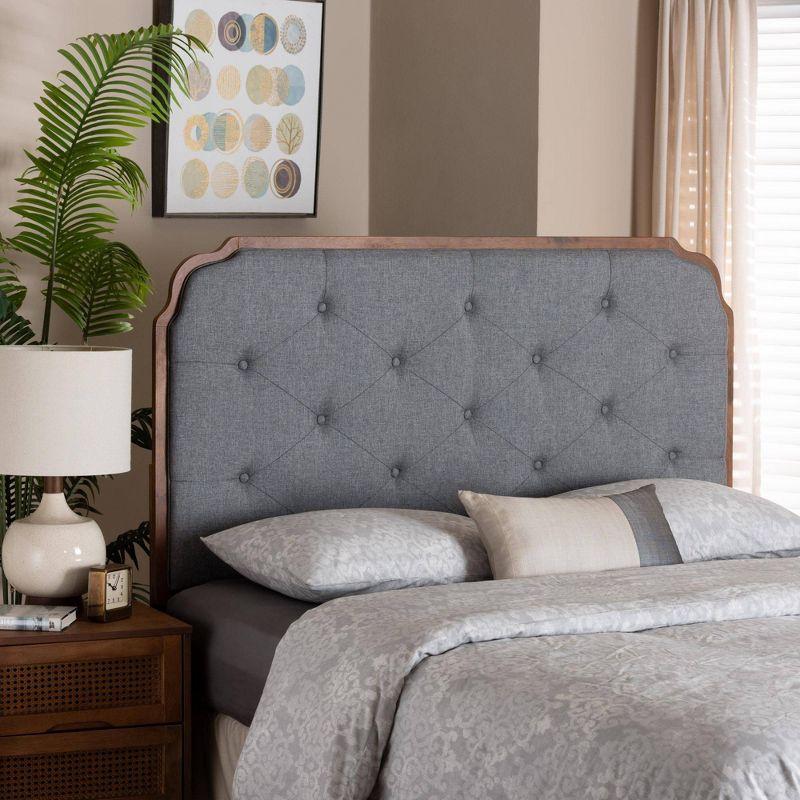 Gray Tufted Upholstered Queen Headboard with Walnut Wood Frame