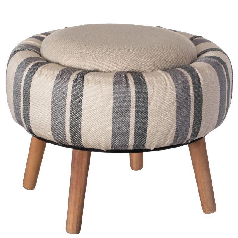 Chic Striped White and Blue Round Fabric Storage Ottoman