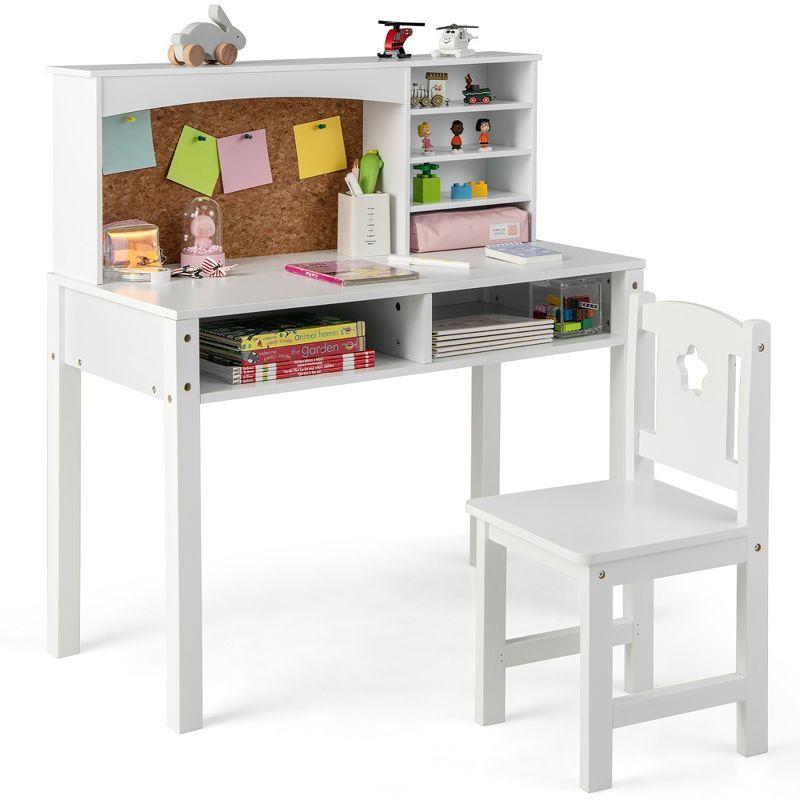 White Wooden Kids Desk and Chair Set with Hutch and Drawer