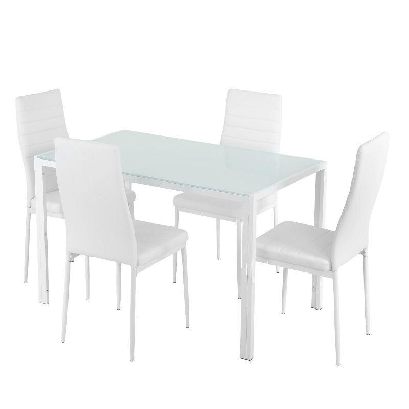 FDW Dining Table Set 5 Piece Dining Room Table Set with 4 Leather Chairs (White Glass)